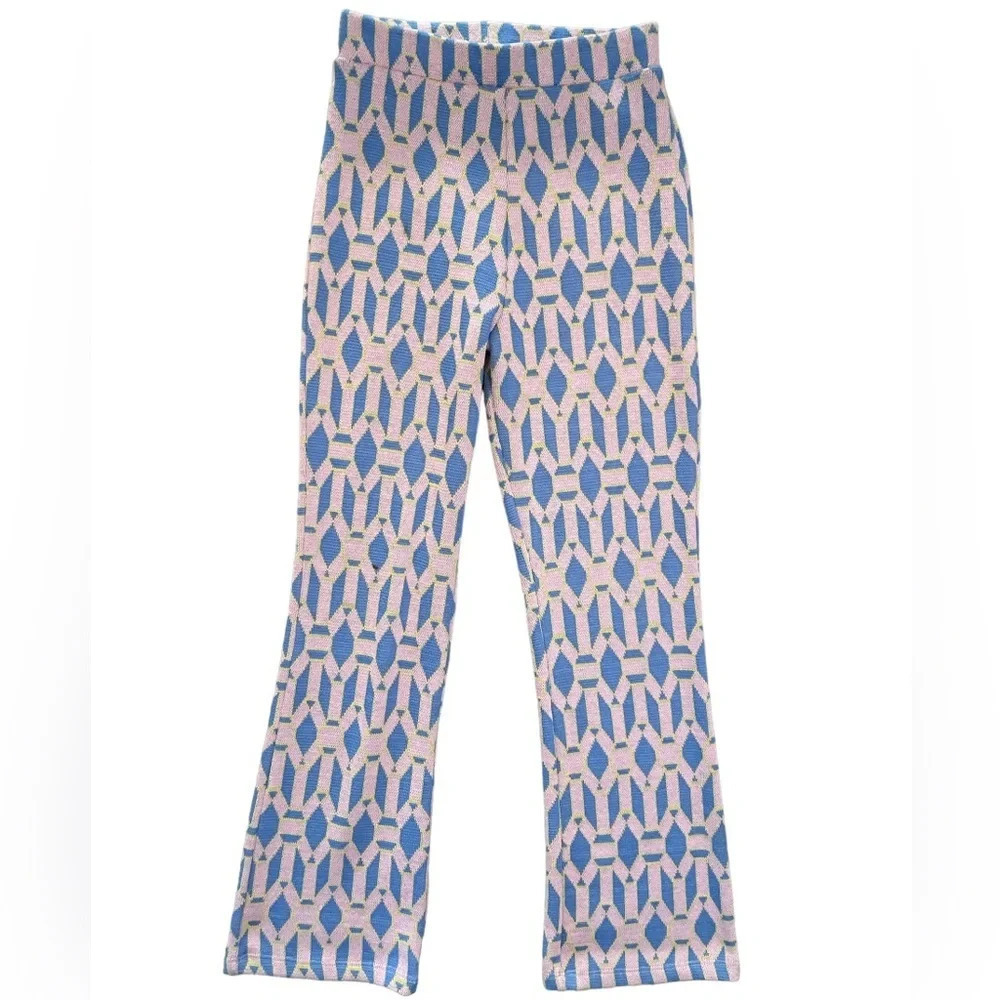 Zara Sweater Pants Jacquard Knit Geometric Pink Blue Flare Pants Size Small Boho